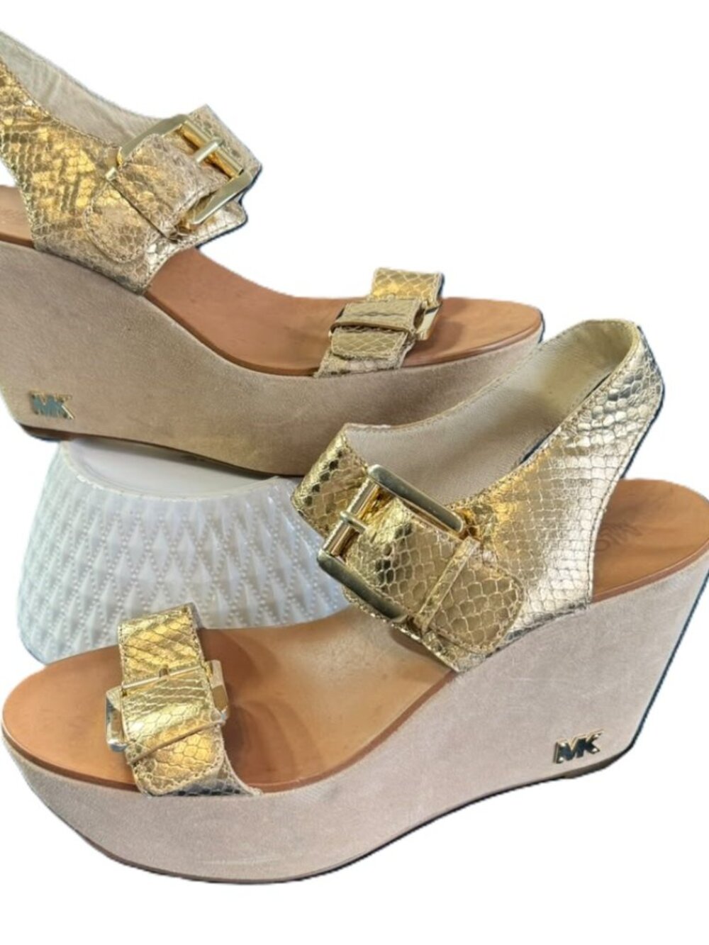 Michael Kors Warren Gold Metallic Snakeskin-Embossed Platform Wedge Sandals 8.5M